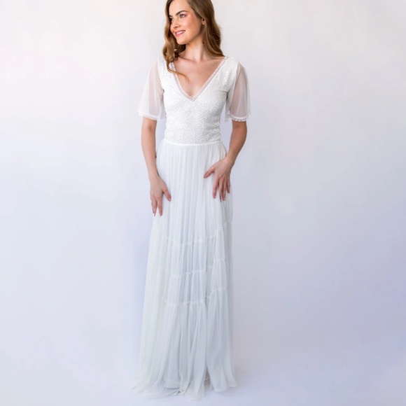 Ivory Flutter Chiffon Sleeves Bohemian Lace wedding dress - Picture 1 of 12